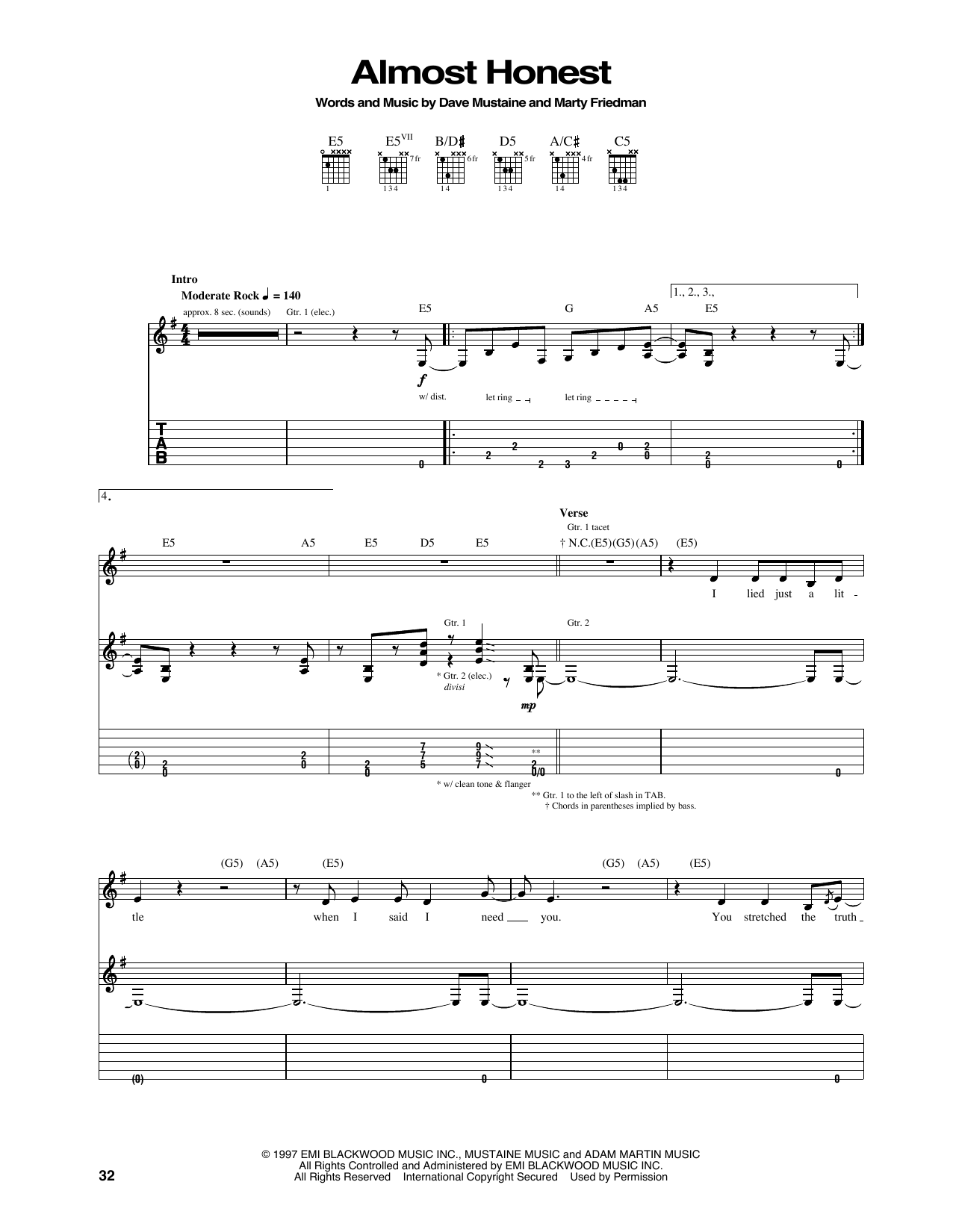 Download Megadeth Almost Honest Sheet Music and learn how to play Guitar Tab PDF digital score in minutes