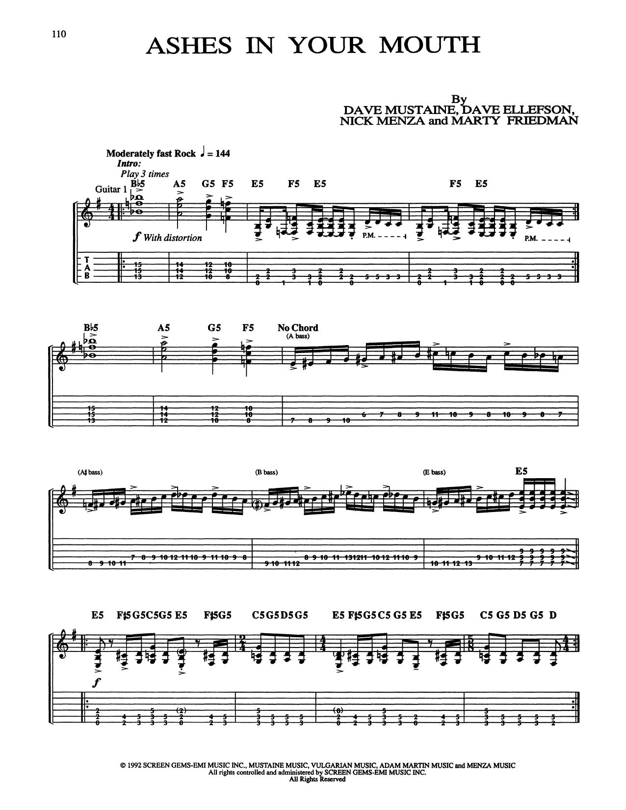 Download Megadeth Ashes In Your Mouth Sheet Music and learn how to play Guitar Tab PDF digital score in minutes
