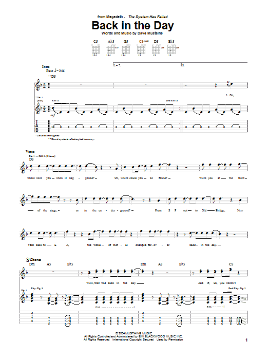 Download Megadeth Back In The Day Sheet Music and learn how to play Guitar Tab PDF digital score in minutes