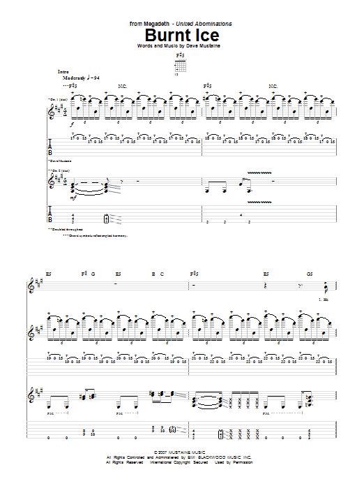 Download Megadeth Burnt Ice Sheet Music and learn how to play Guitar Tab PDF digital score in minutes