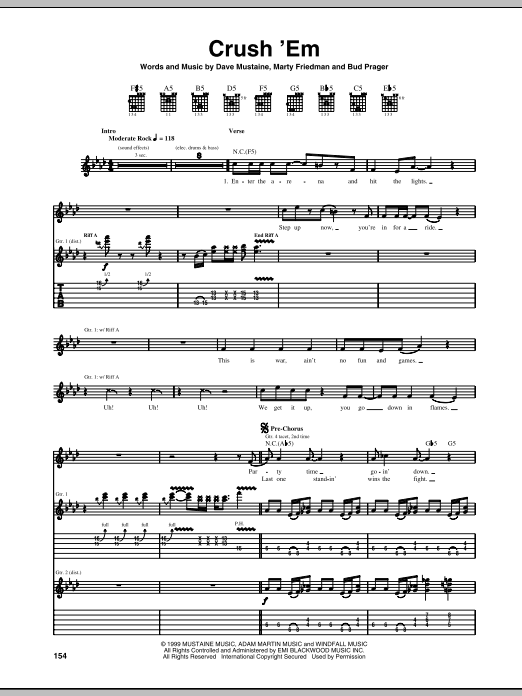 Download Megadeth Crush 'Em Sheet Music and learn how to play Guitar Tab PDF digital score in minutes