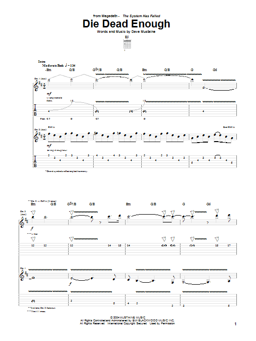 Download Megadeth Die Dead Enough Sheet Music and learn how to play Guitar Tab PDF digital score in minutes