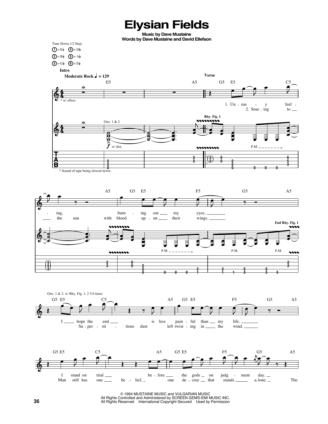Download Megadeth Elysian Fields Sheet Music and learn how to play Guitar Tab PDF digital score in minutes