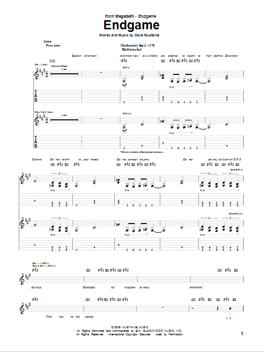 Download Megadeth Endgame Sheet Music and learn how to play Guitar Tab PDF digital score in minutes