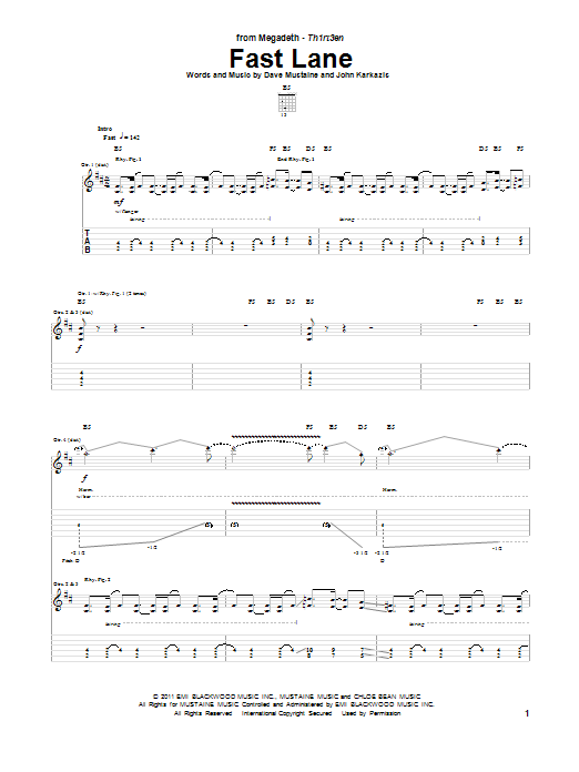 Download Megadeth Fast Lane Sheet Music and learn how to play Guitar Tab PDF digital score in minutes