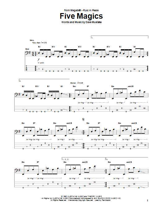 Download Megadeth Five Magics Sheet Music and learn how to play Bass Guitar Tab PDF digital score in minutes