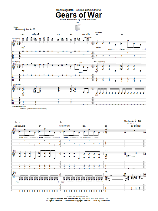 Download Megadeth Gears Of War Sheet Music and learn how to play Guitar Tab PDF digital score in minutes