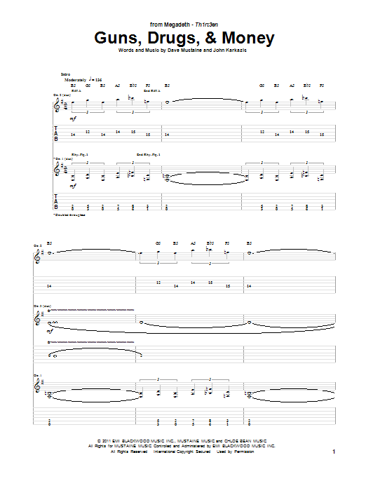 Download Megadeth Guns, Drugs, & Money Sheet Music and learn how to play Guitar Tab PDF digital score in minutes