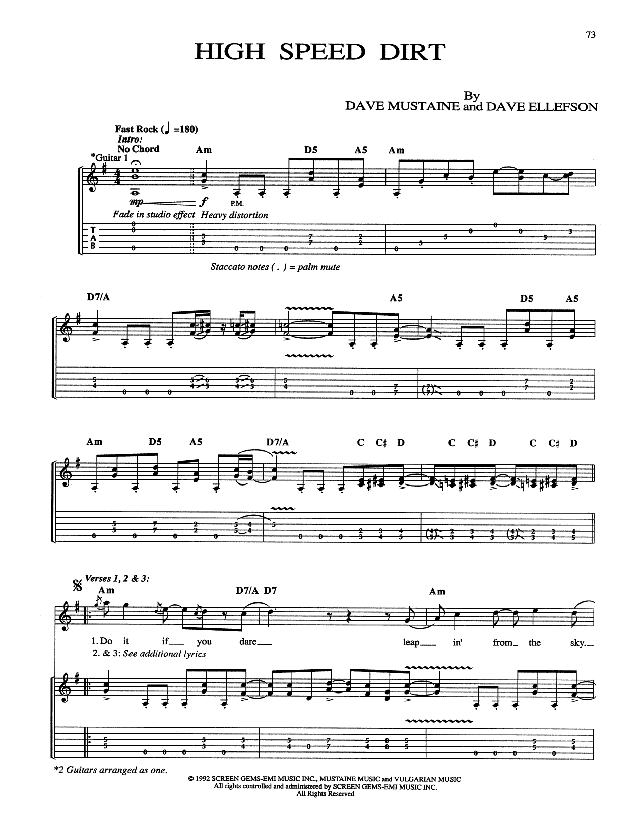 Download Megadeth High Speed Dirt Sheet Music and learn how to play Guitar Tab PDF digital score in minutes