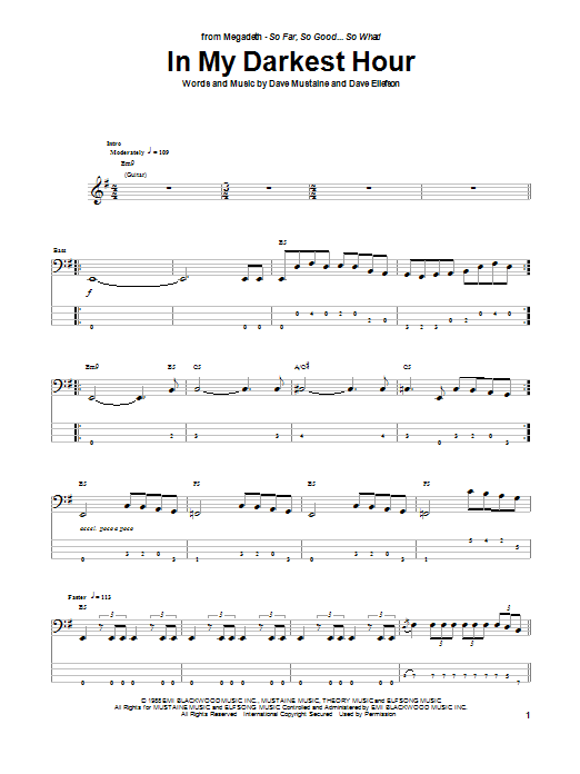 Download Megadeth In My Darkest Hour Sheet Music and learn how to play Bass Guitar Tab PDF digital score in minutes