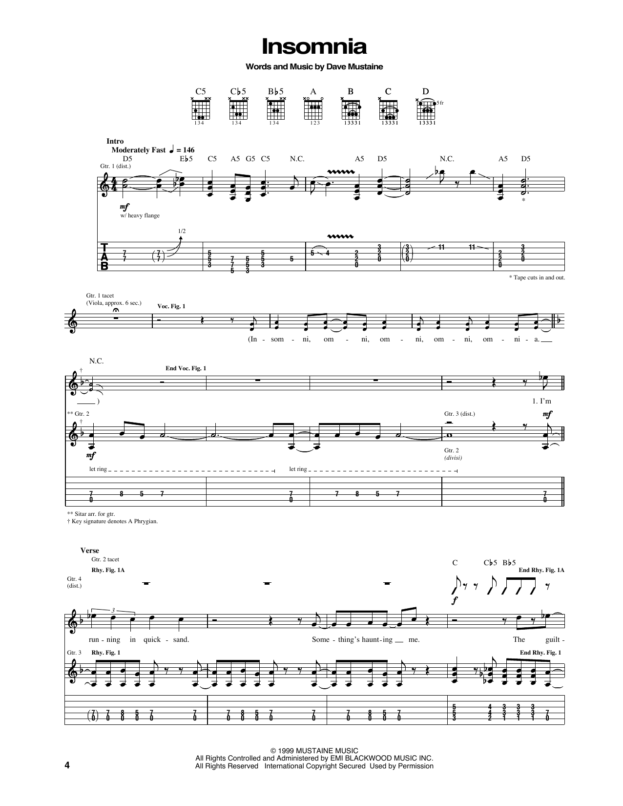 Download Megadeth Insomnia Sheet Music and learn how to play Guitar Tab PDF digital score in minutes