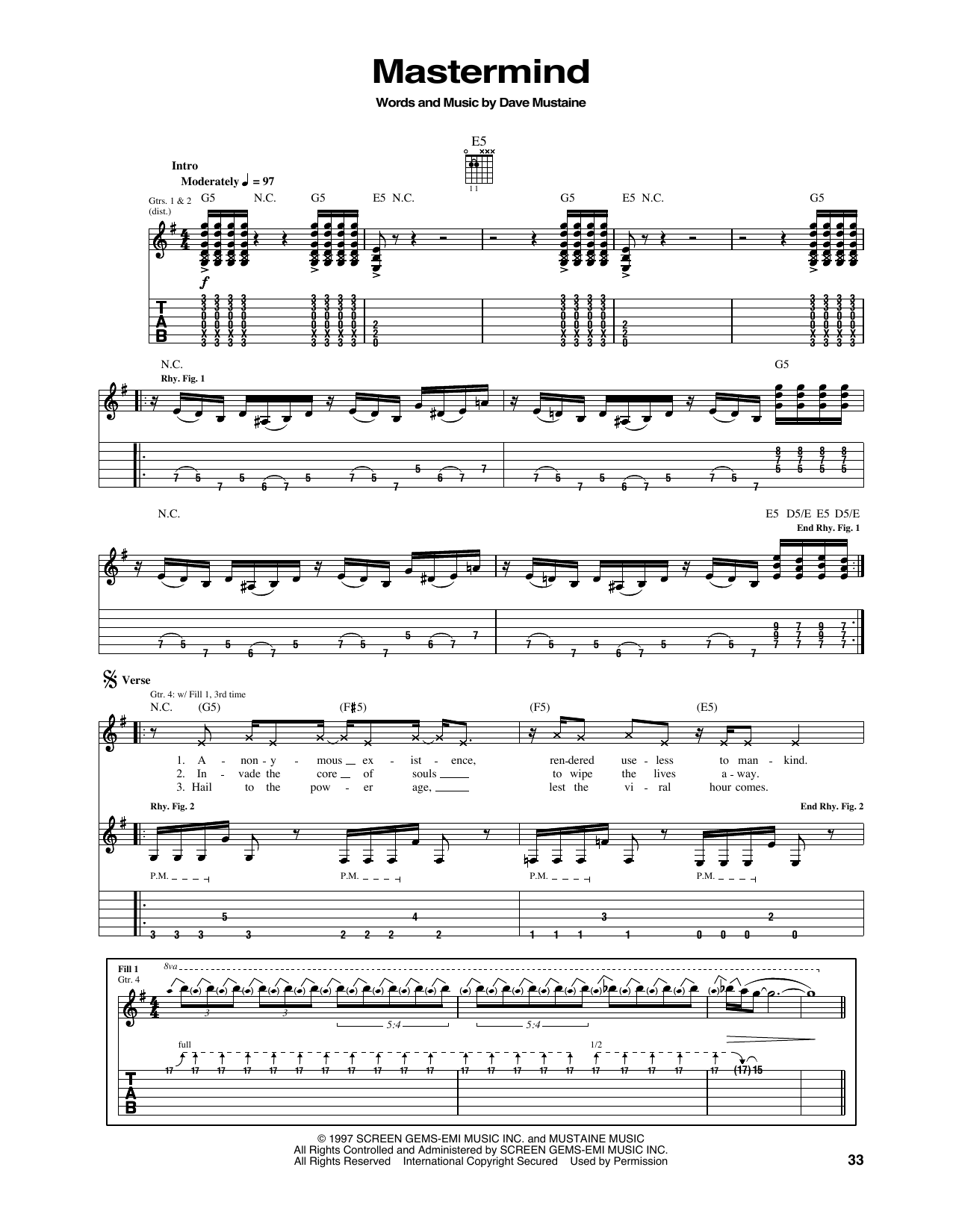 Download Megadeth Mastermind Sheet Music and learn how to play Guitar Tab PDF digital score in minutes