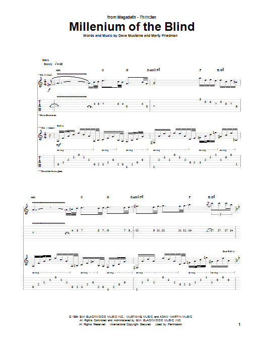 Download Megadeth Millennium Of The Blind Sheet Music and learn how to play Guitar Tab PDF digital score in minutes