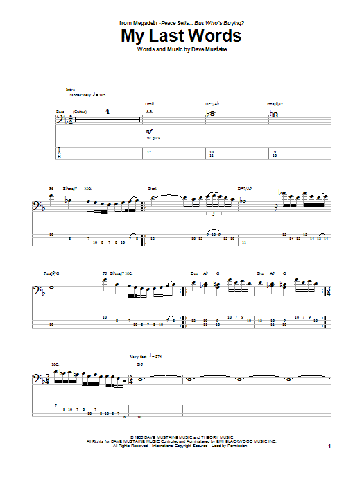 Download Megadeth My Last Words Sheet Music and learn how to play Bass Guitar Tab PDF digital score in minutes