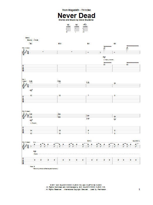 Download Megadeth Never Dead Sheet Music and learn how to play Guitar Tab PDF digital score in minutes