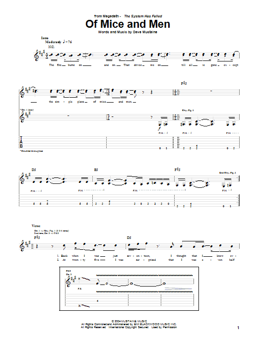 Download Megadeth Of Mice And Men Sheet Music and learn how to play Guitar Tab PDF digital score in minutes