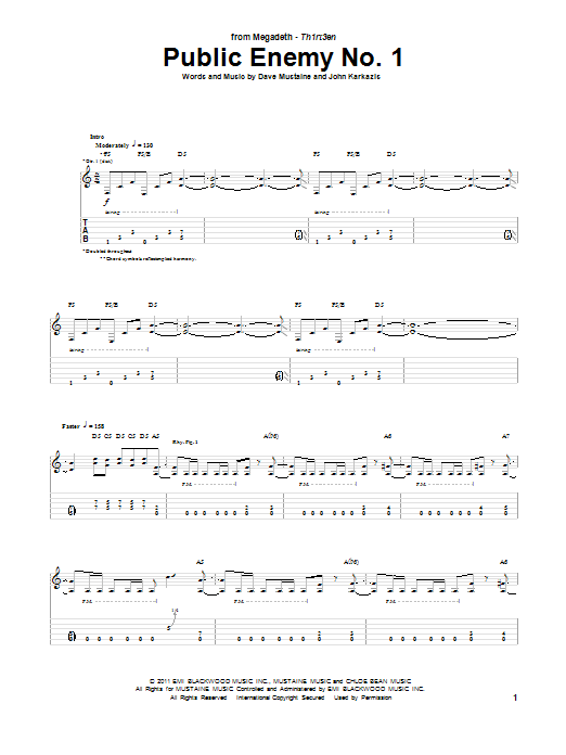 Download Megadeth Public Enemy No. 1 Sheet Music and learn how to play Guitar Tab PDF digital score in minutes