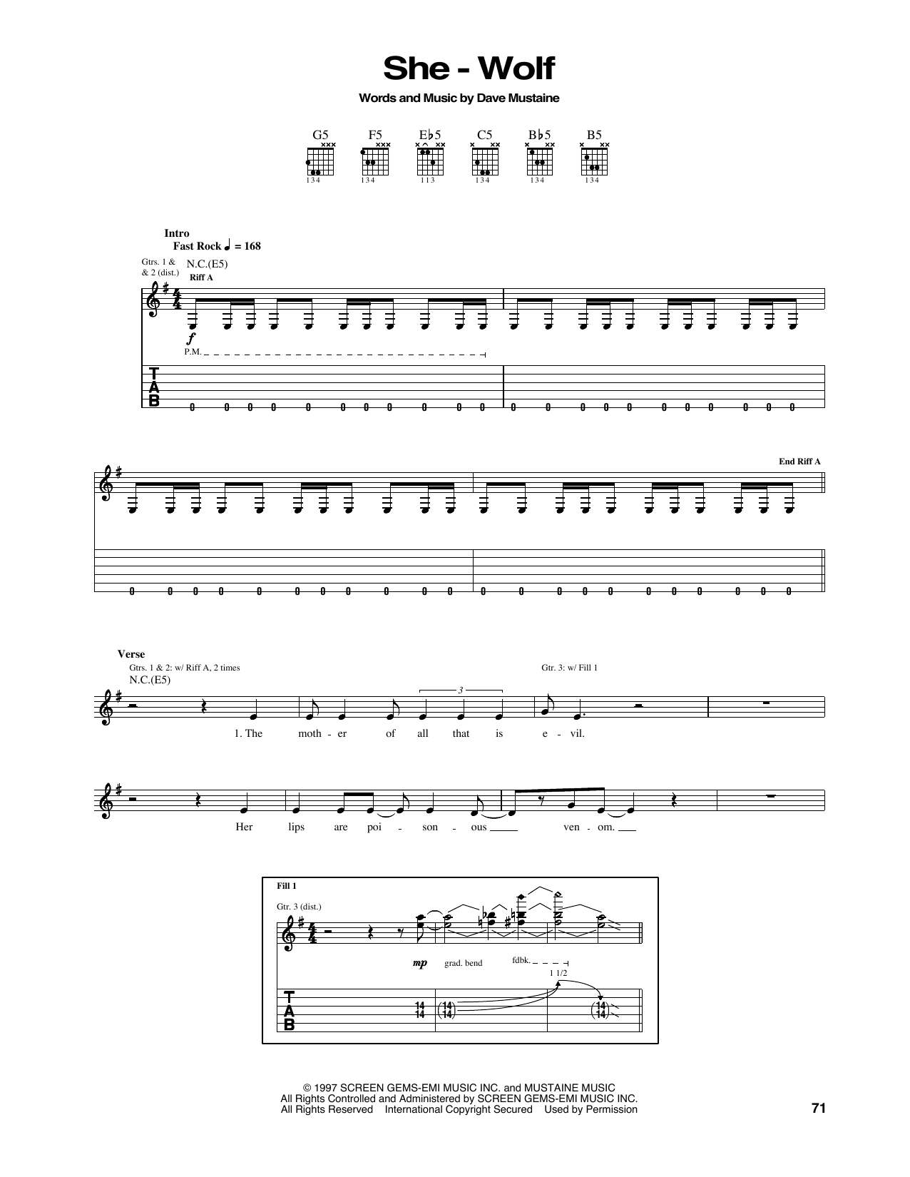 Download Megadeth She-Wolf Sheet Music and learn how to play Guitar Tab PDF digital score in minutes
