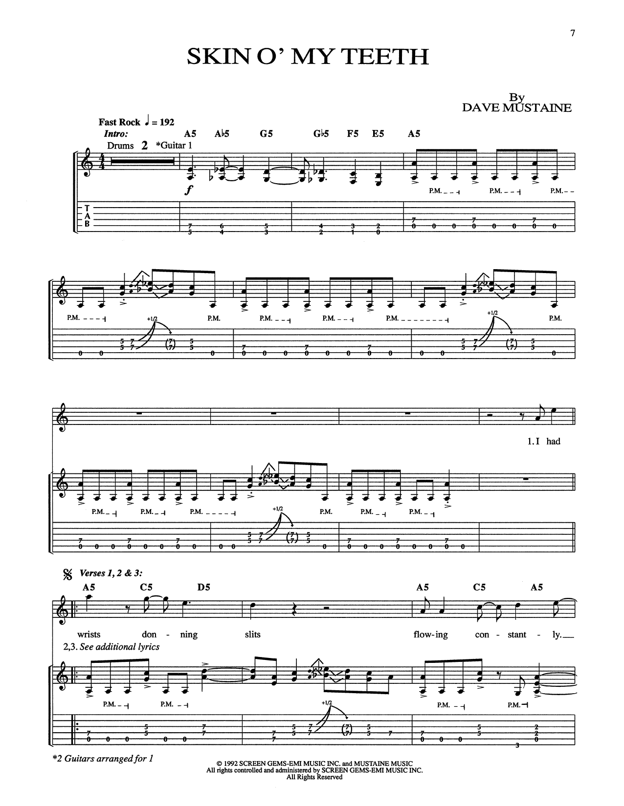 Download Megadeth Skin O' My Teeth Sheet Music and learn how to play Guitar Tab PDF digital score in minutes