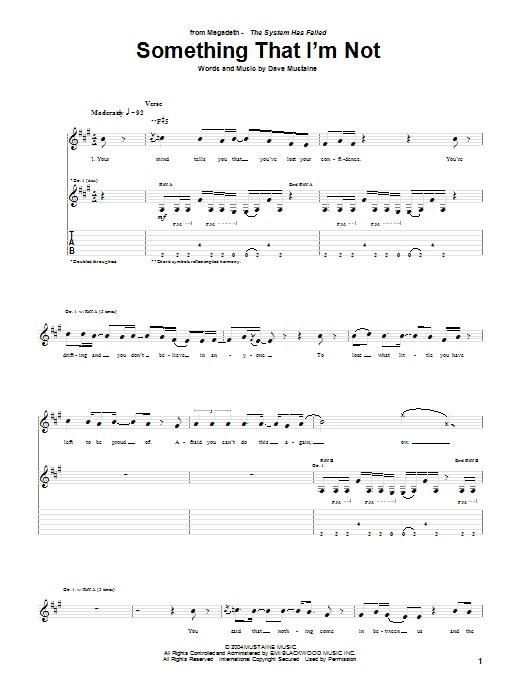 Download Megadeth Something I'm Not Sheet Music and learn how to play Guitar Tab PDF digital score in minutes