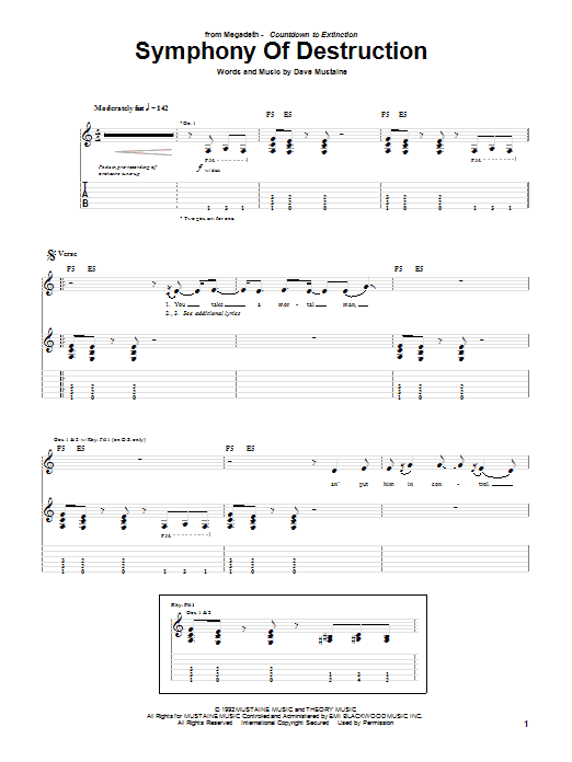 Download Megadeth Symphony Of Destruction Sheet Music and learn how to play Easy Guitar Tab PDF digital score in minutes