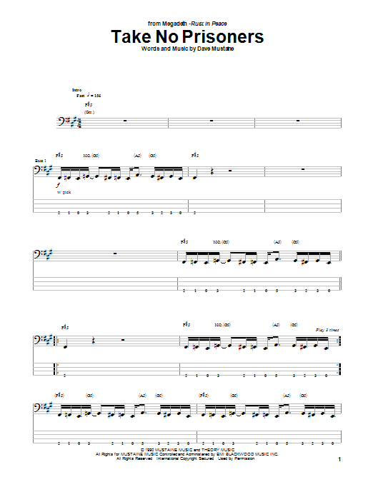 Download Megadeth Take No Prisoners Sheet Music and learn how to play Bass Guitar Tab PDF digital score in minutes