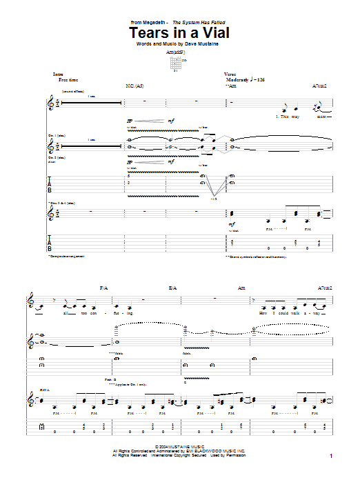 Download Megadeth Tears In A Vial Sheet Music and learn how to play Guitar Tab PDF digital score in minutes