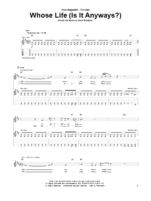 Download Megadeth Whose Life (Is It Anyways?) Sheet Music and learn how to play Guitar Tab PDF digital score in minutes