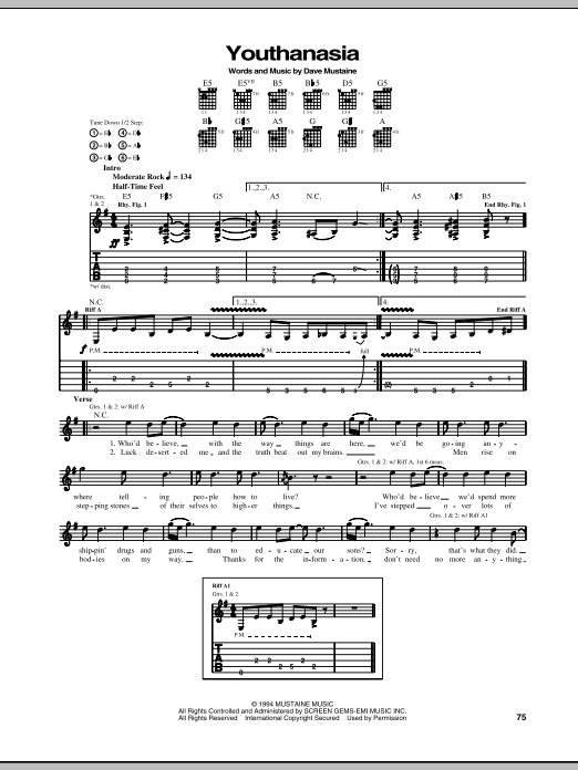 Download Megadeth Youthanasia Sheet Music and learn how to play Bass Guitar Tab PDF digital score in minutes
