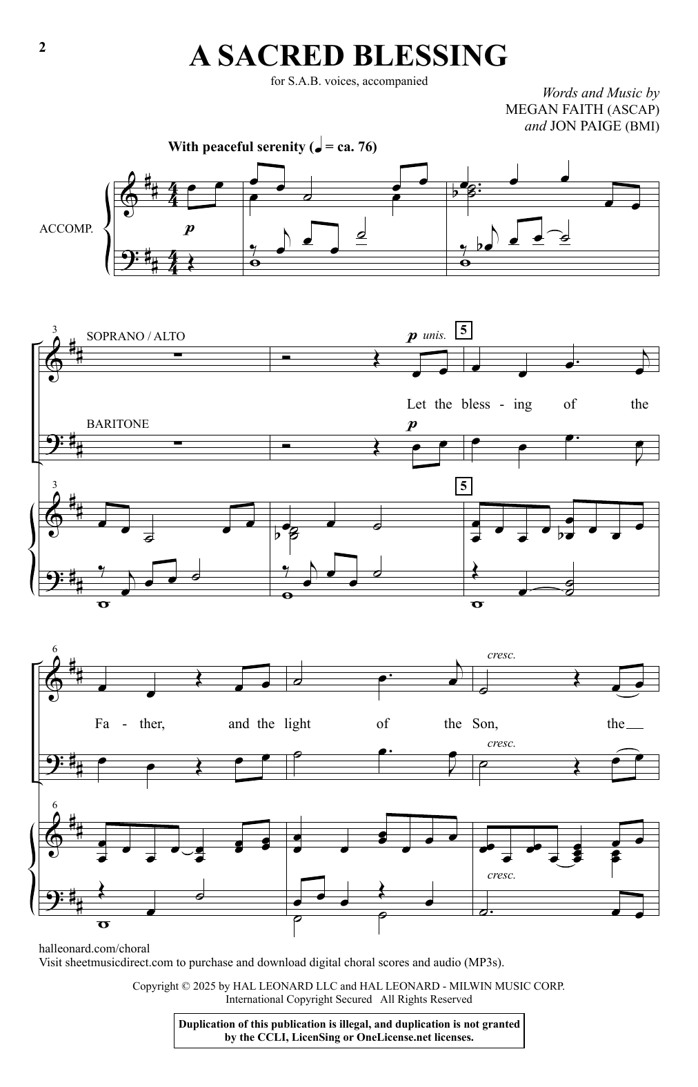 Download Megan Faith and Jon Paige A Sacred Blessing Sheet Music and learn how to play SAB Choir PDF digital score in minutes