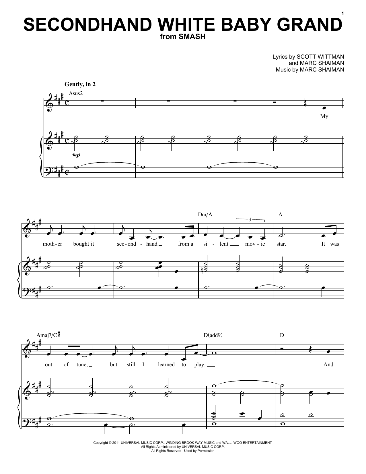 Download Megan Hilty Secondhand White Baby Grand (from Smash) Sheet Music and learn how to play Piano & Vocal PDF digital score in minutes
