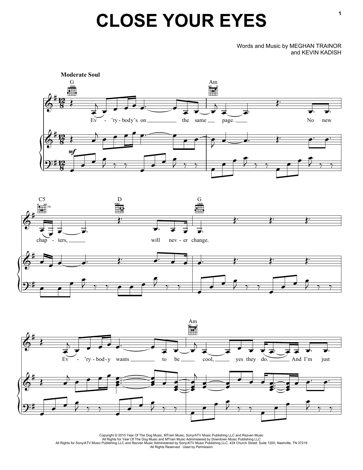 Download Meghan Trainor Close Your Eyes Sheet Music and learn how to play Piano, Vocal & Guitar Chords (Right-Hand Melody) PDF digital score in minutes