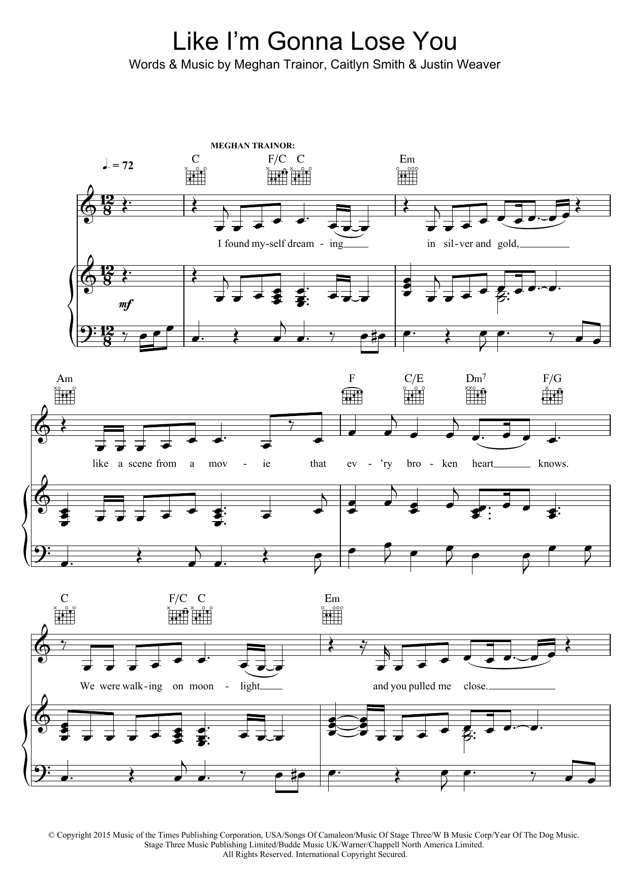 Download Meghan Trainor Like I'm Gonna Lose You (featuring John Legend) Sheet Music and learn how to play Piano, Vocal & Guitar PDF digital score in minutes