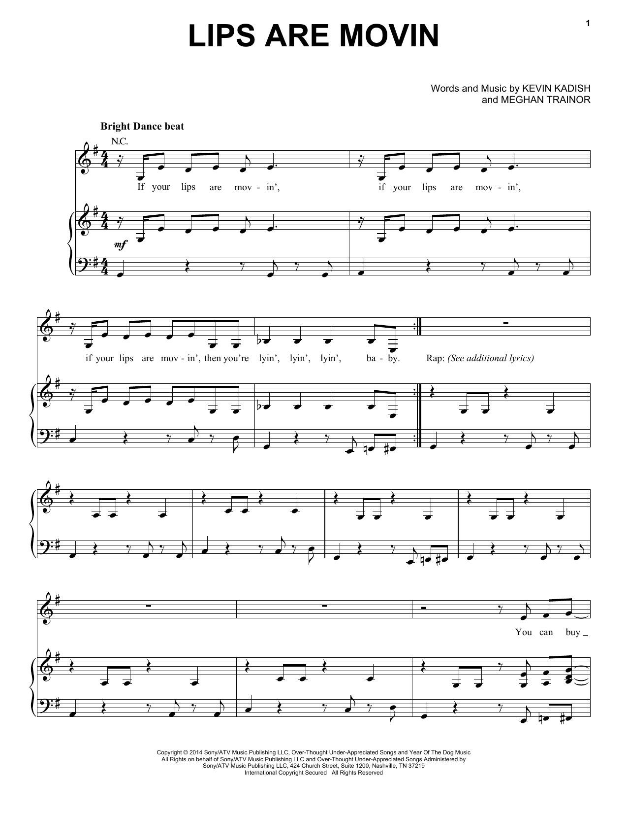 Download Meghan Trainor Lips Are Movin Sheet Music and learn how to play Easy Piano PDF digital score in minutes