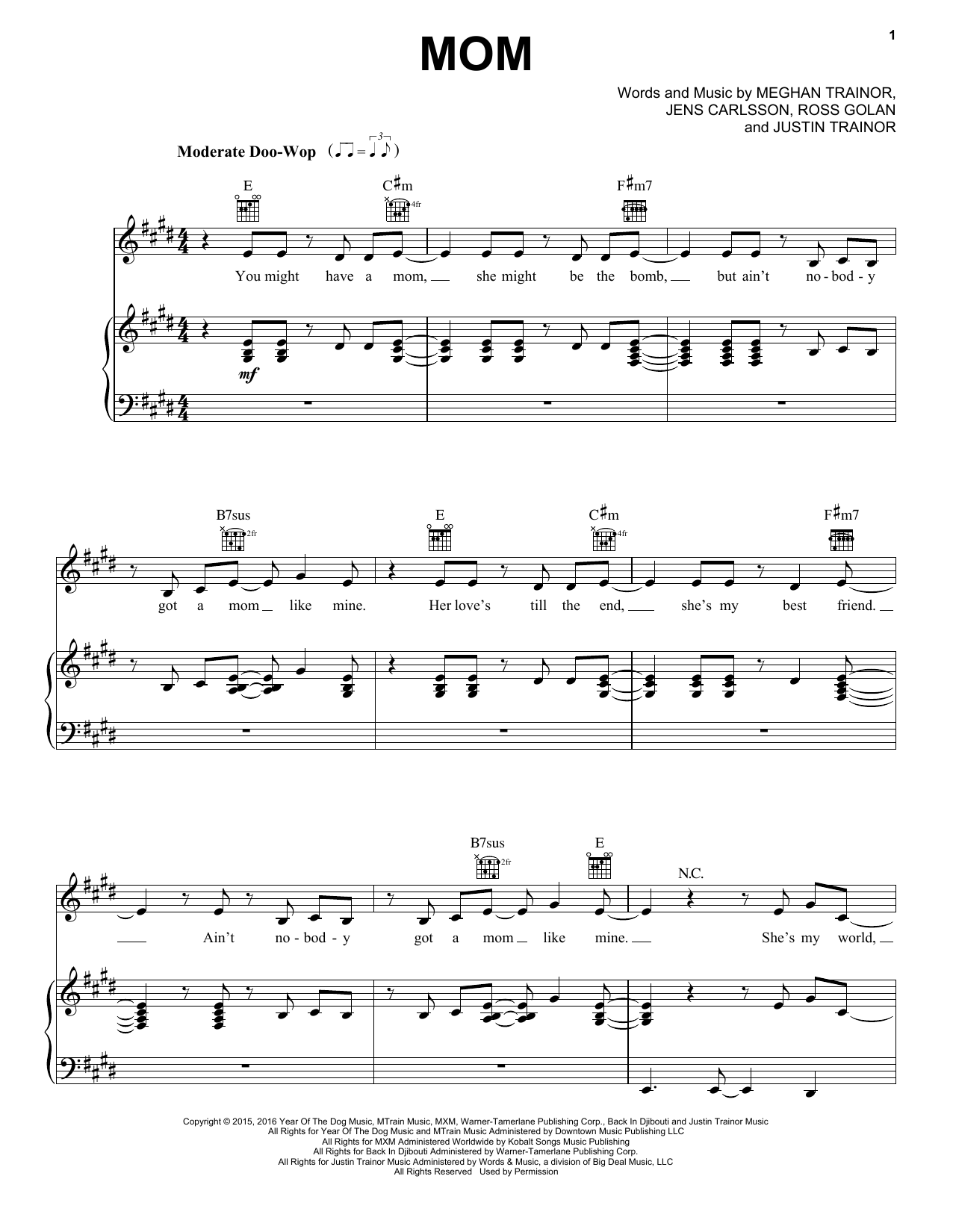 Download Meghan Trainor Mom (feat. Kelli Trainor) Sheet Music and learn how to play Piano, Vocal & Guitar Chords (Right-Hand Melody) PDF digital score in minutes