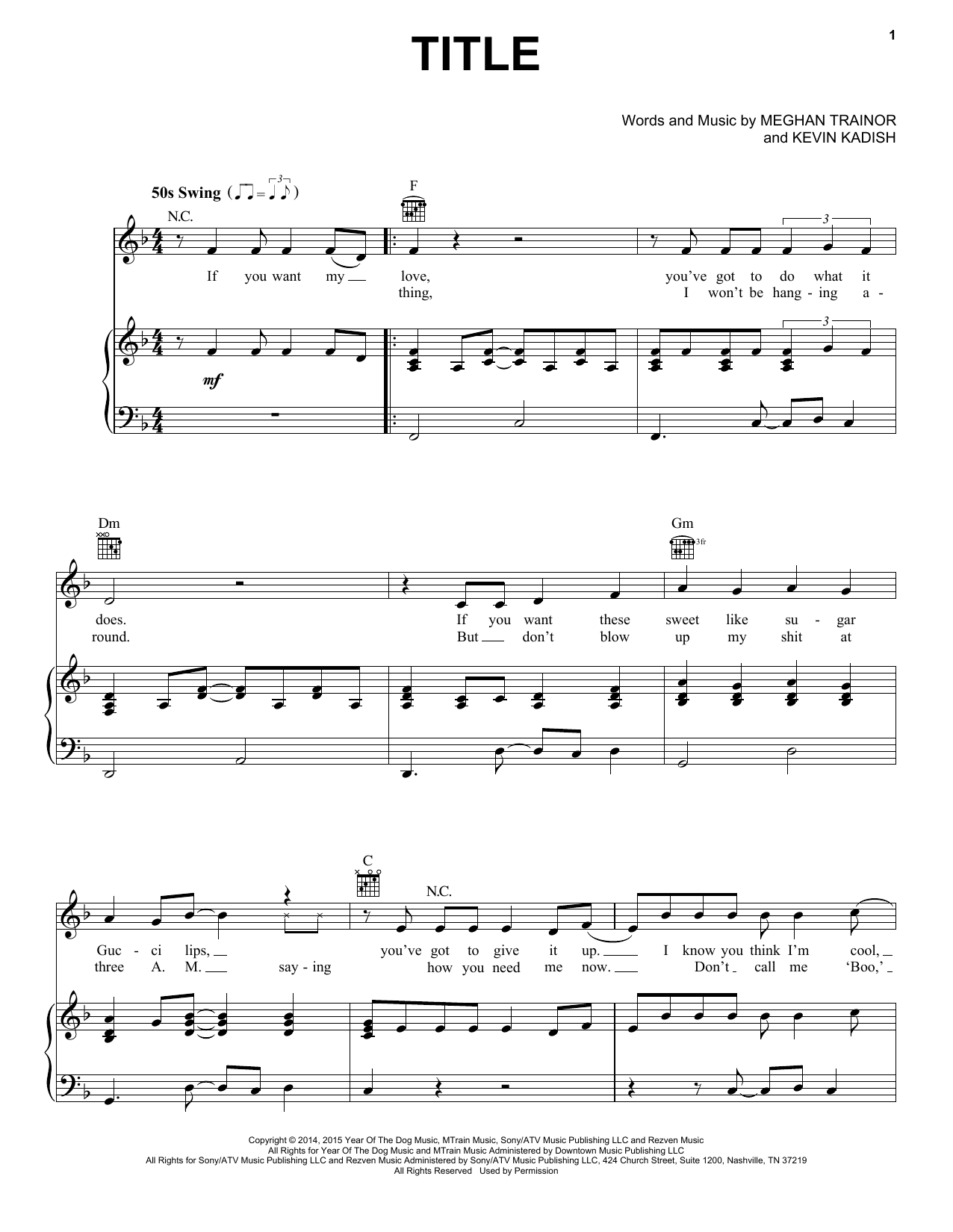 Download Meghan Trainor Title Sheet Music and learn how to play Piano, Vocal & Guitar Chords (Right-Hand Melody) PDF digital score in minutes