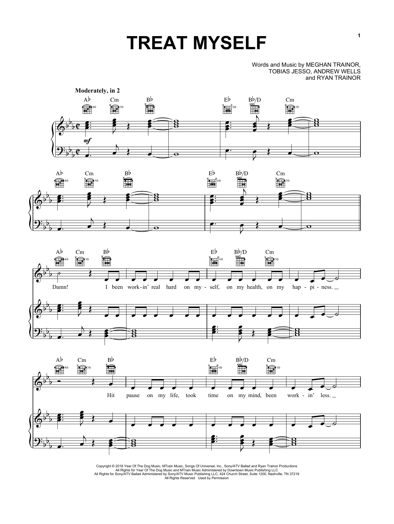 Download Meghan Trainor Treat Myself Sheet Music and learn how to play Piano, Vocal & Guitar (Right-Hand Melody) PDF digital score in minutes