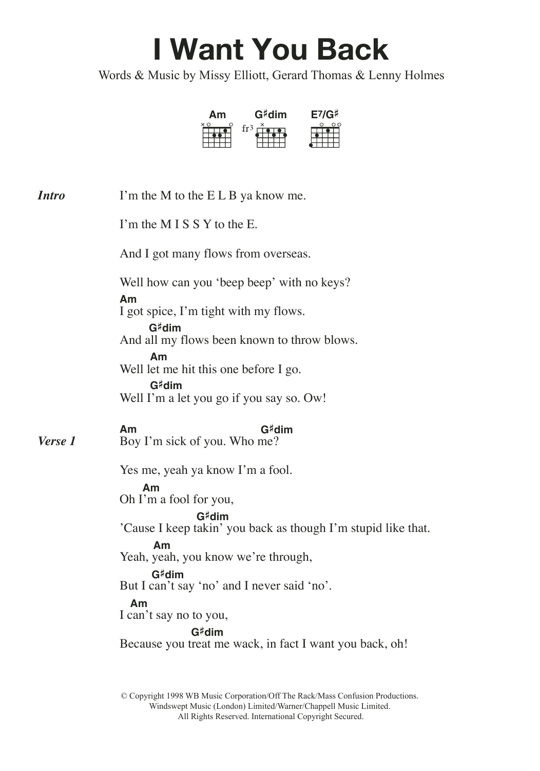 Download Mel B I Want You Back (feat. Missy Elliott) Sheet Music and learn how to play Lyrics & Chords PDF digital score in minutes