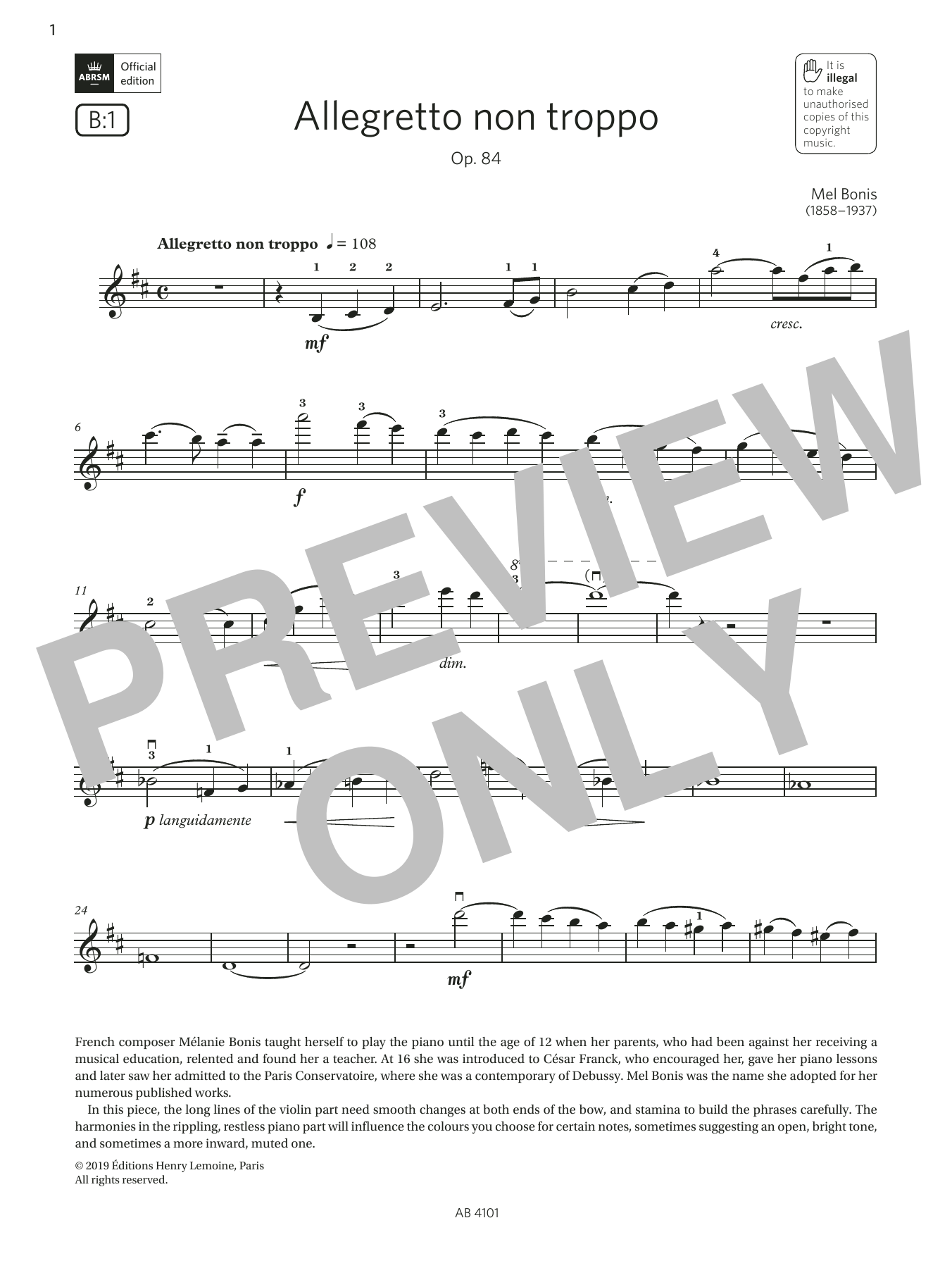 Download Mel Bonis Allegretto non troppo (Grade 7, B1, from the ABRSM Violin Syllabus from 2024) Sheet Music and learn how to play Violin Solo PDF digital score in minutes