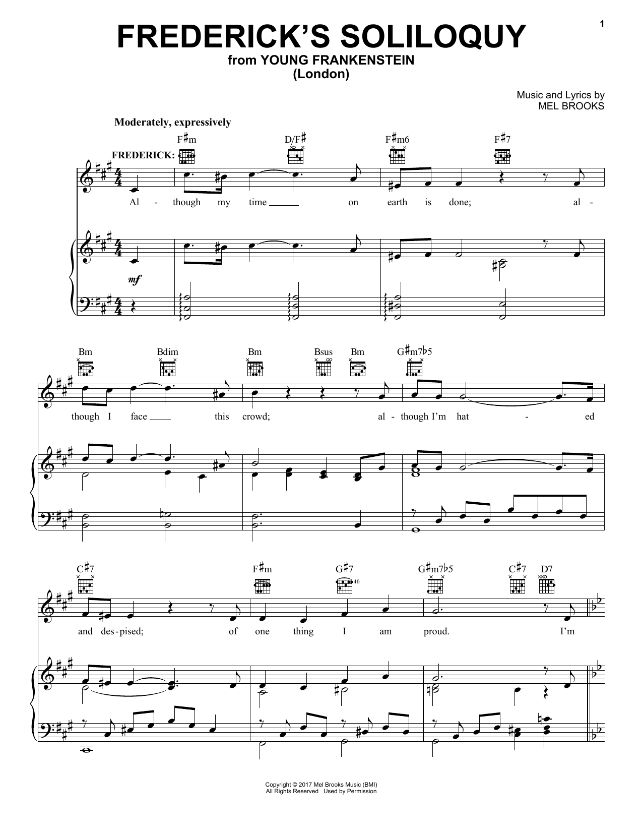 Download Mel Brooks Frederick's Soliloquy (from Young Frankenstein) Sheet Music and learn how to play Piano, Vocal & Guitar Chords (Right-Hand Melody) PDF digital score in minutes