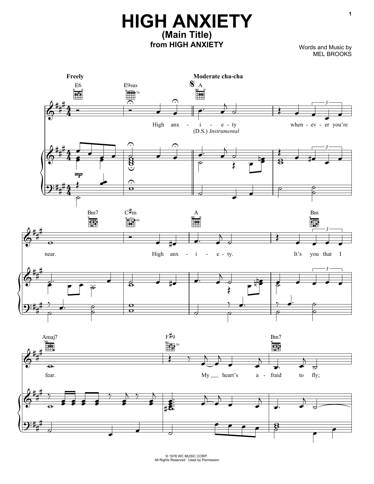 Download Mel Brooks High Anxiety (Main Title) (from High Anxiety) Sheet Music and learn how to play Piano, Vocal & Guitar Chords (Right-Hand Melody) PDF digital score in minutes