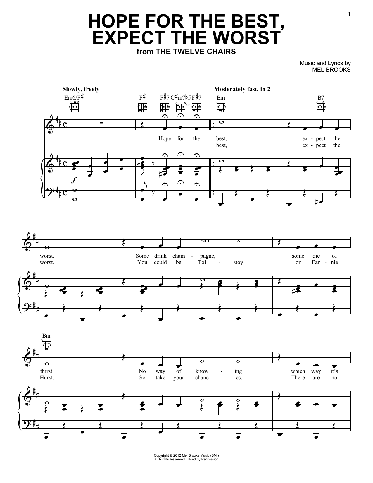 Download Mel Brooks Hope For The Best, Expect The Worst (from The Twelve Chairs) Sheet Music and learn how to play Piano, Vocal & Guitar Chords (Right-Hand Melody) PDF digital score in minutes