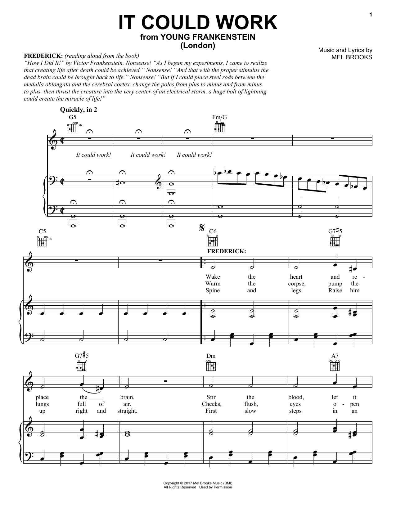 Download Mel Brooks It Could Work (from Young Frankenstein) Sheet Music and learn how to play Piano, Vocal & Guitar Chords (Right-Hand Melody) PDF digital score in minutes