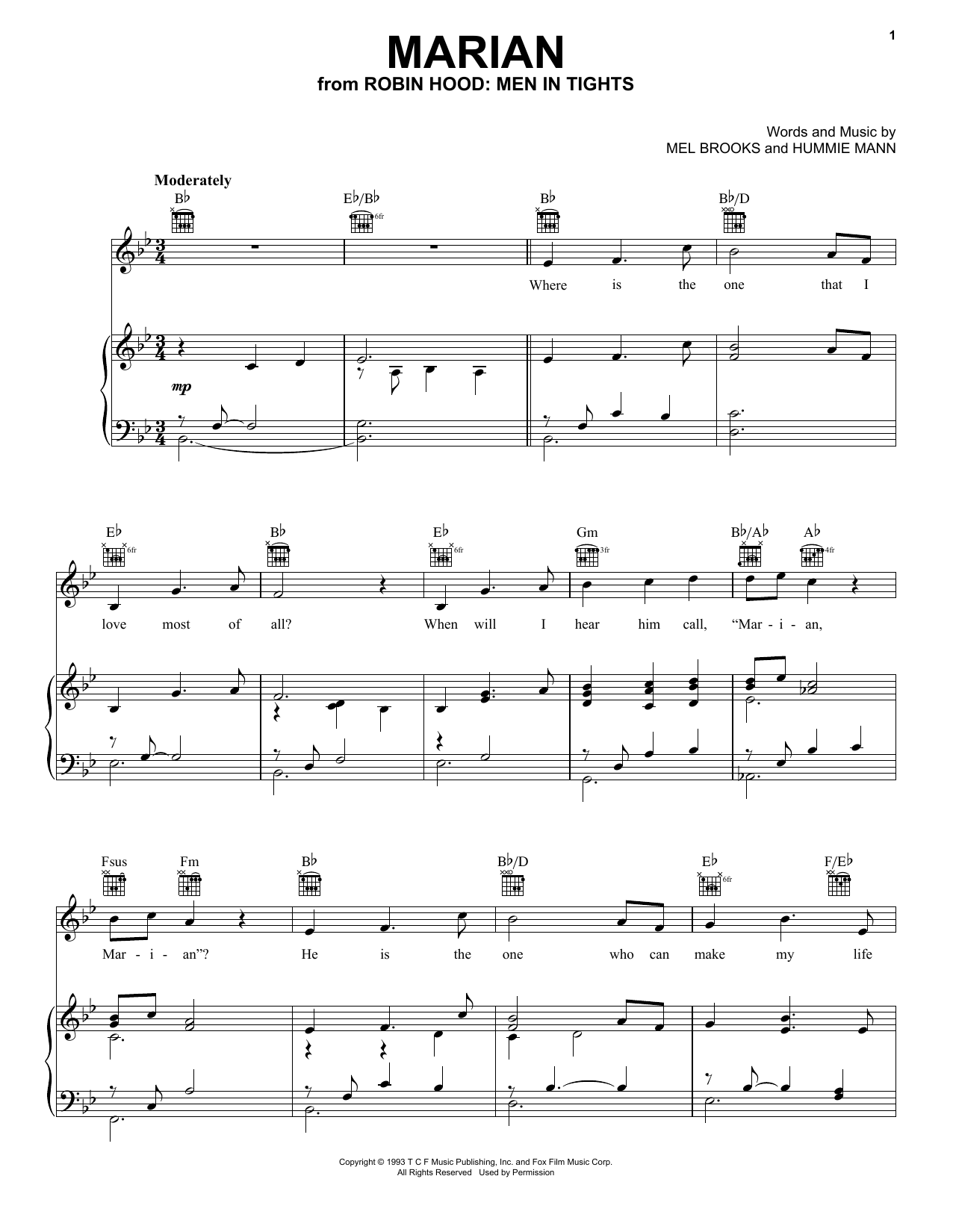 Download Mel Brooks Marian (from Robin Hood: Men In Tights) Sheet Music and learn how to play Piano, Vocal & Guitar Chords (Right-Hand Melody) PDF digital score in minutes