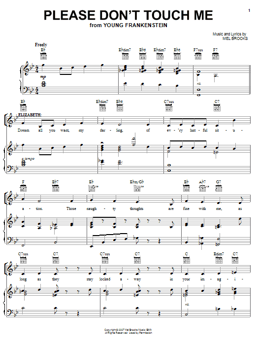 Download Mel Brooks Please Don't Touch Me Sheet Music and learn how to play Piano, Vocal & Guitar (Right-Hand Melody) PDF digital score in minutes