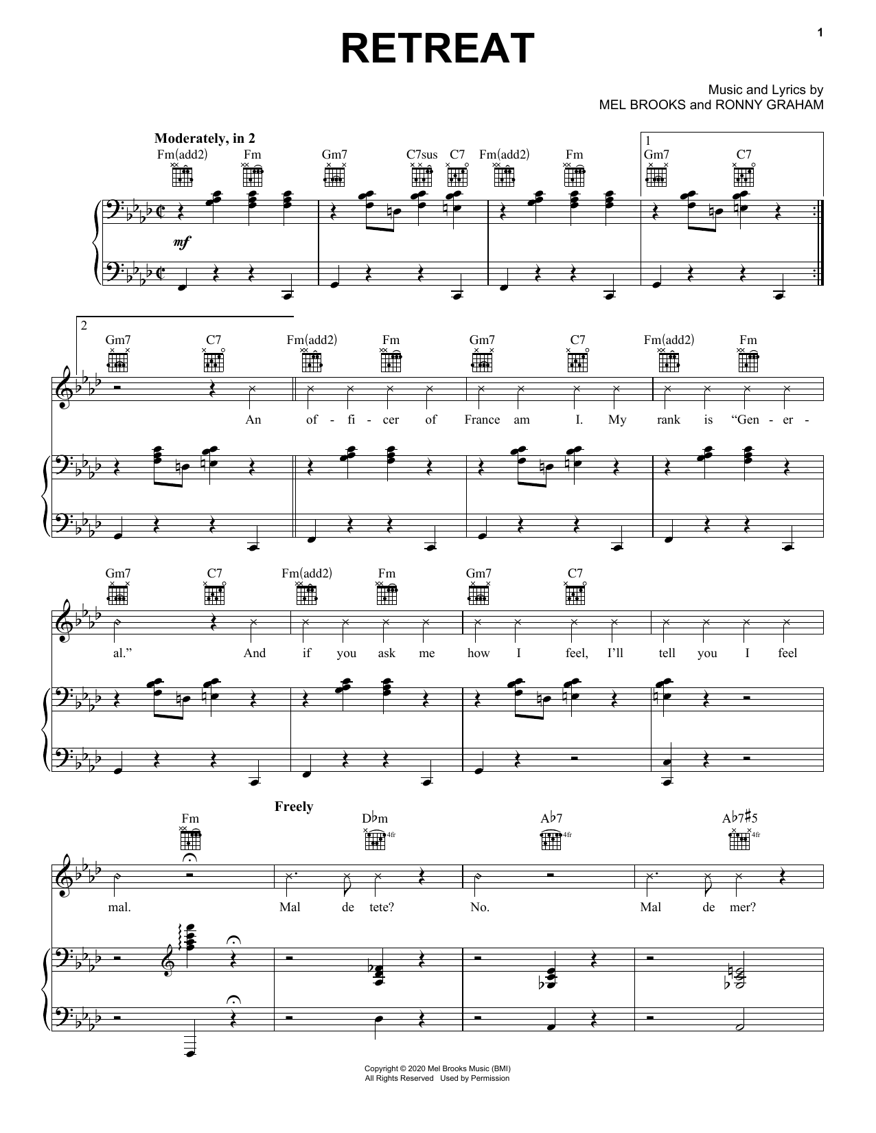 Download Mel Brooks Retreat Sheet Music and learn how to play Piano, Vocal & Guitar Chords (Right-Hand Melody) PDF digital score in minutes