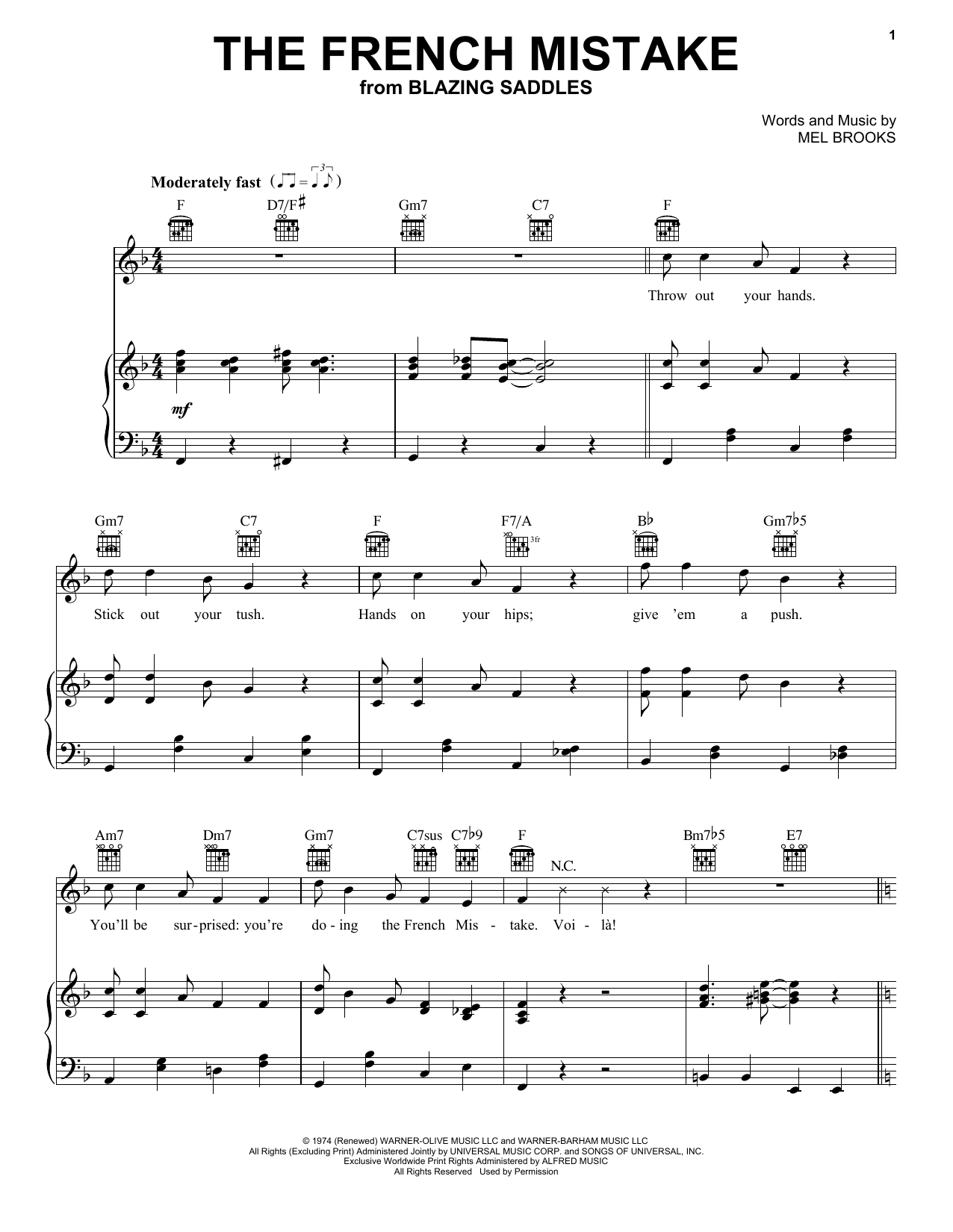 Download Mel Brooks The French Mistake (from Blazing Saddles) Sheet Music and learn how to play Piano, Vocal & Guitar Chords (Right-Hand Melody) PDF digital score in minutes