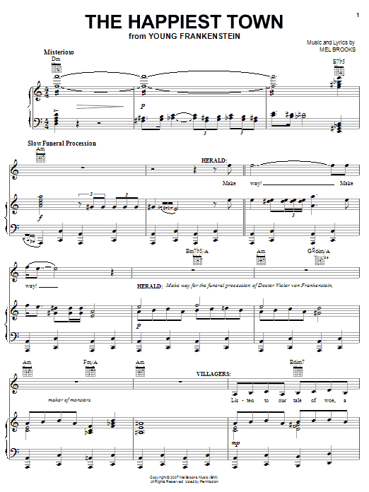 Download Mel Brooks The Happiest Town Sheet Music and learn how to play Piano, Vocal & Guitar (Right-Hand Melody) PDF digital score in minutes