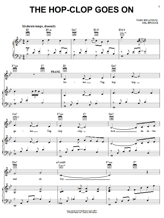 Download Mel Brooks The Hop Clop Goes On Sheet Music and learn how to play Piano, Vocal & Guitar (Right-Hand Melody) PDF digital score in minutes