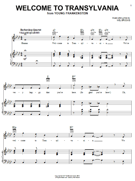 Download Mel Brooks Welcome To Transylvania Sheet Music and learn how to play Piano, Vocal & Guitar (Right-Hand Melody) PDF digital score in minutes